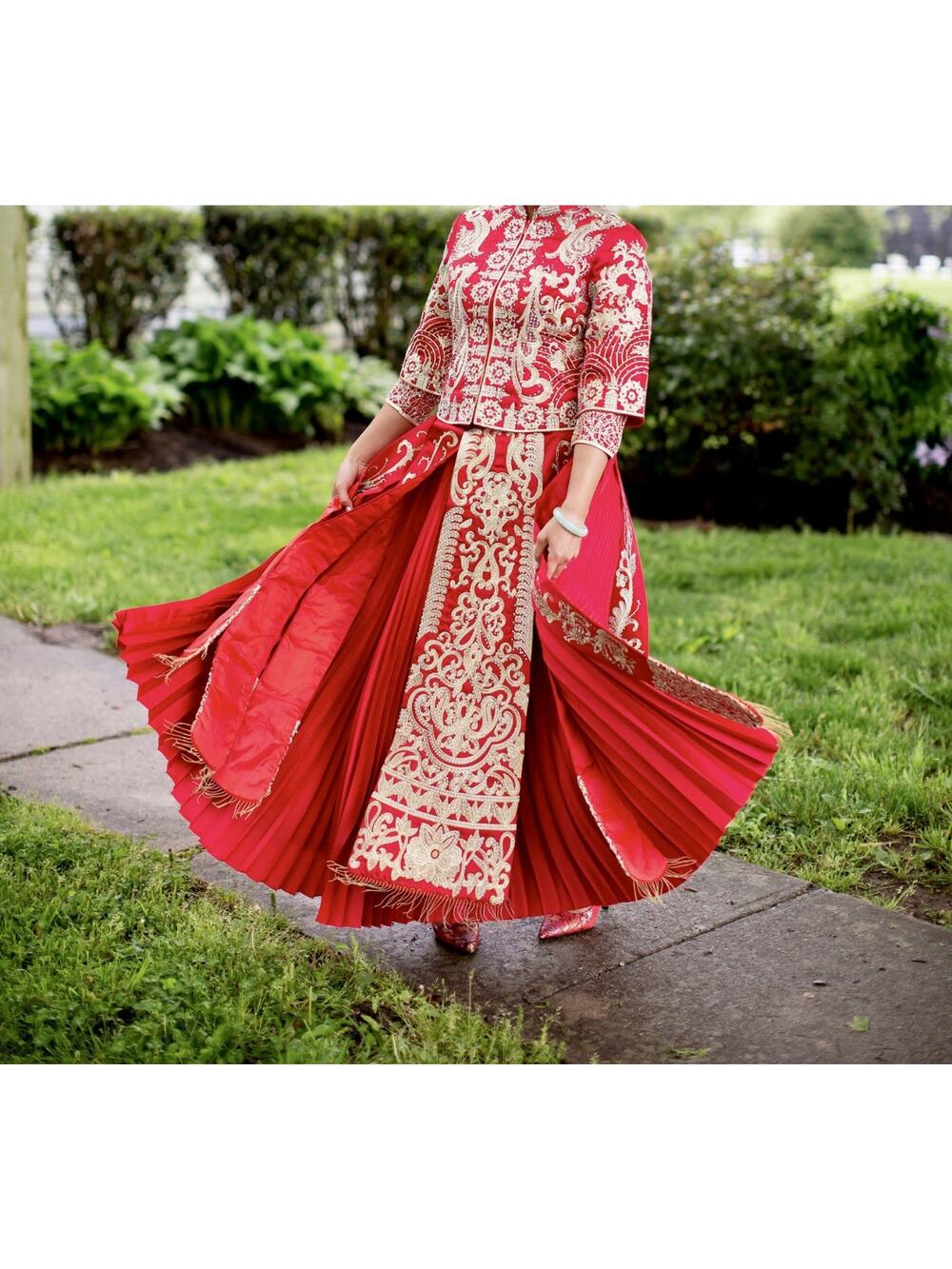 Chinese Wedding Tea Ceremony Traditional Kwa Dress Red Gold Sequin